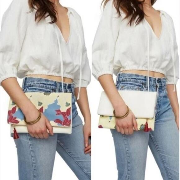 Rachel Pally Handbags - Rachel Pally Reversible Clutch Purse Floral Blue Cream Ivory Leather Zip Closure